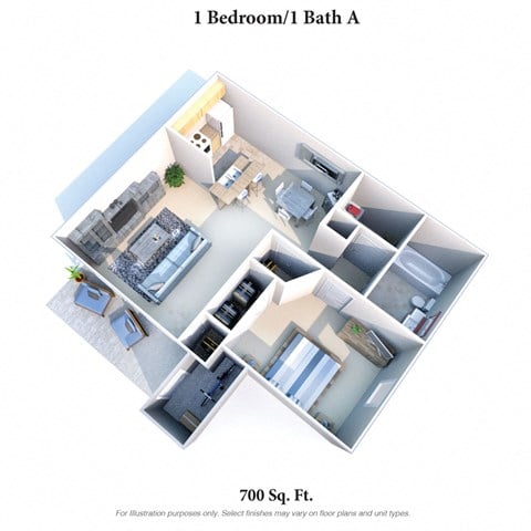 Floor plan for 1 bed, 1 bath, 700 sqft